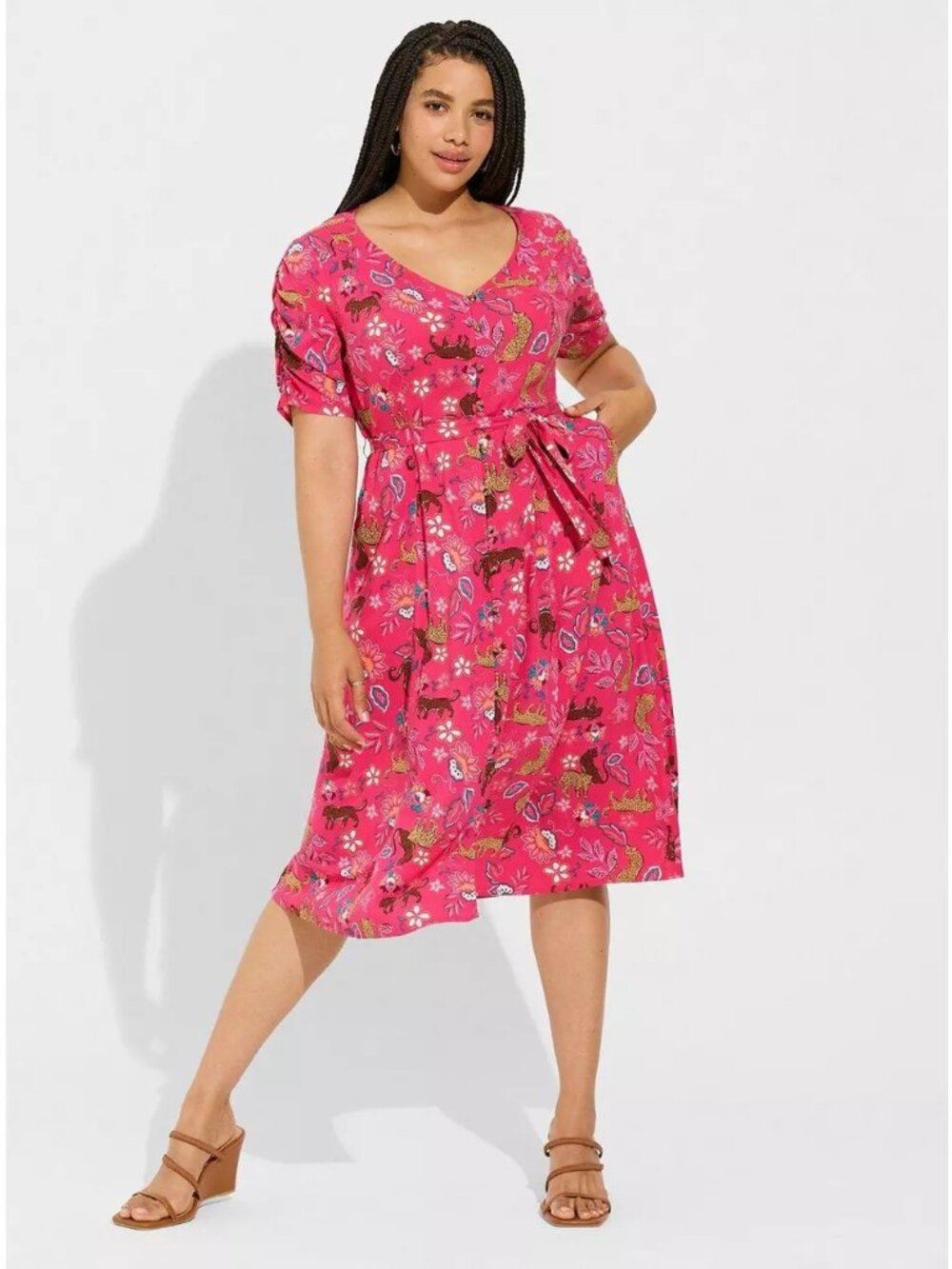 Torrid Midi Rayon Slub Button Front Tie Dress • Pink Leopard